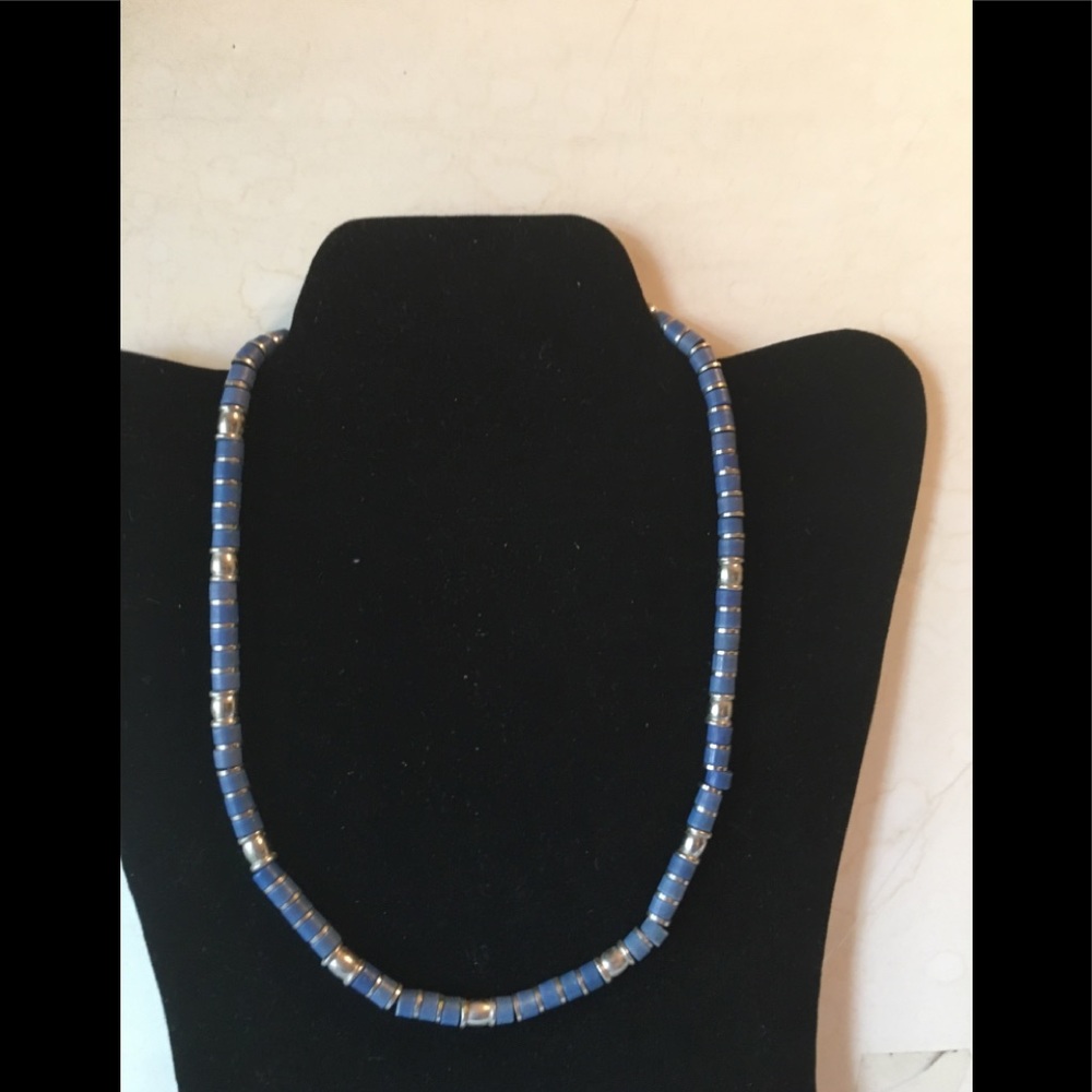 Blue and silver needed necklace with silver
